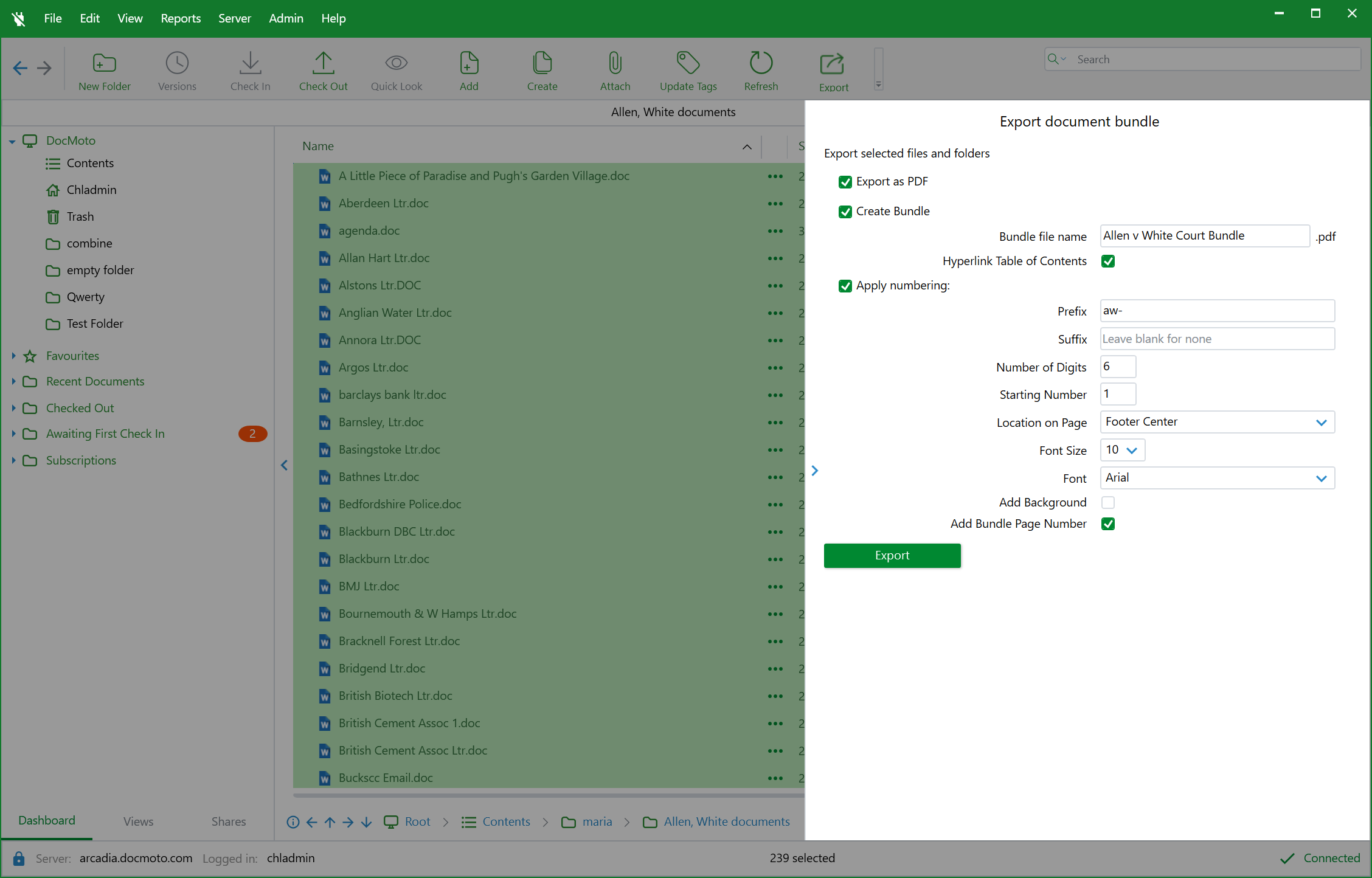 Параметры Export Add-In для создания PDF-пакета в DocMoto
