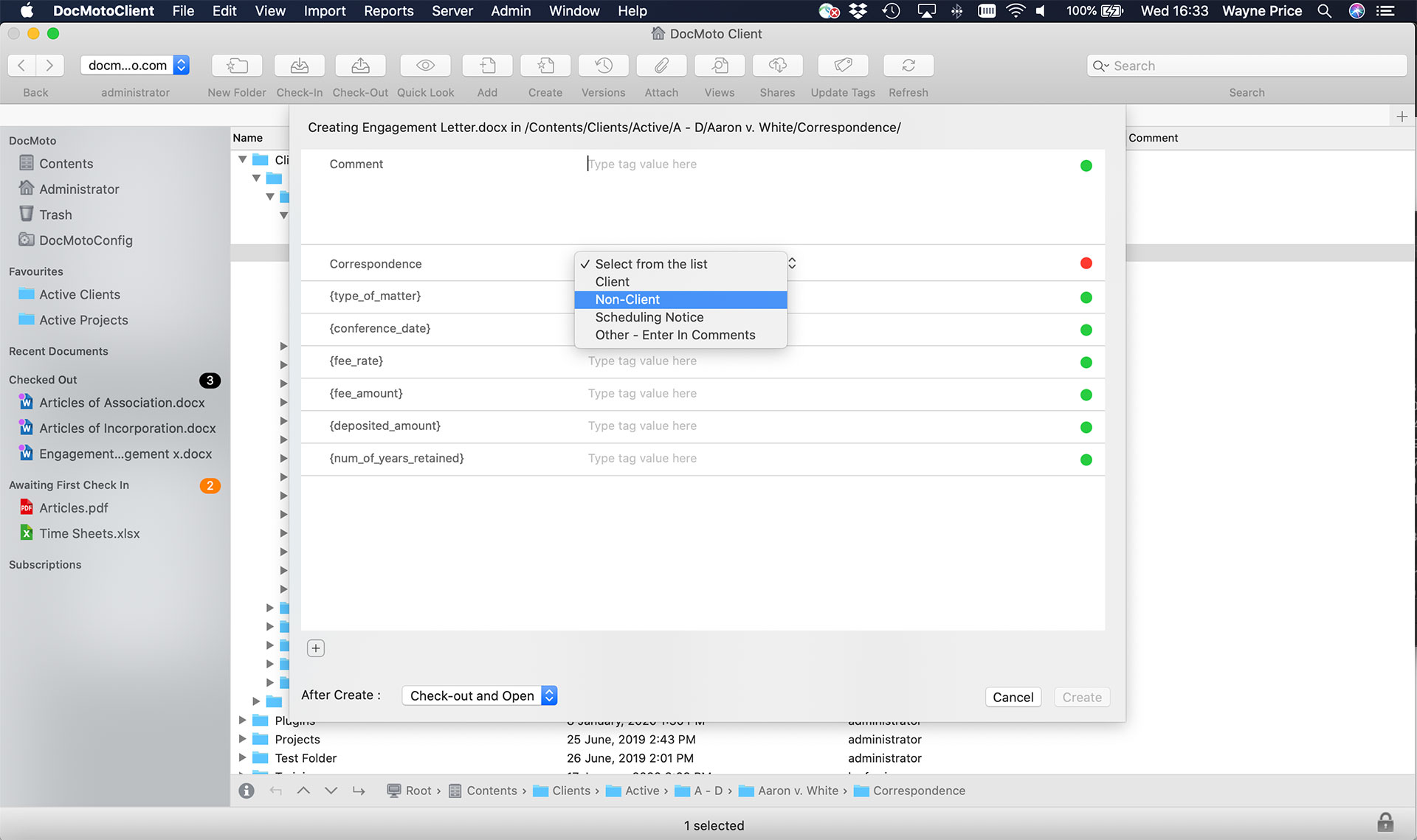 Создание документа из Master Document в интерфейсе DocMoto на Mac
