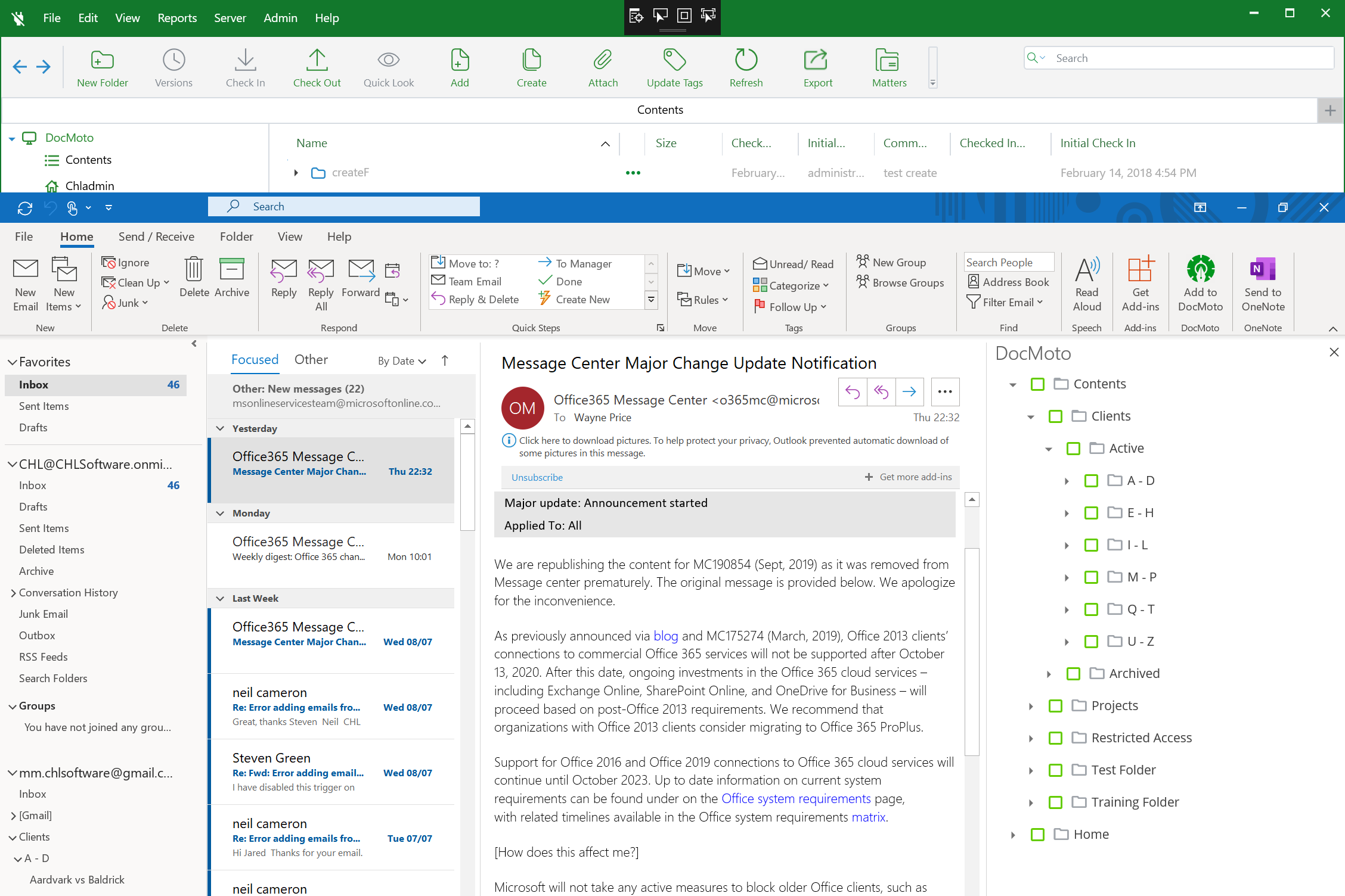 Панель DocMoto внутри Microsoft Outlook