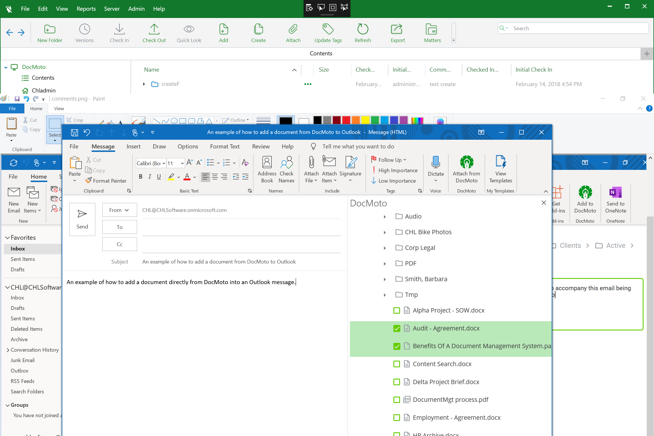 Выбор документа DocMoto для вложения в Outlook