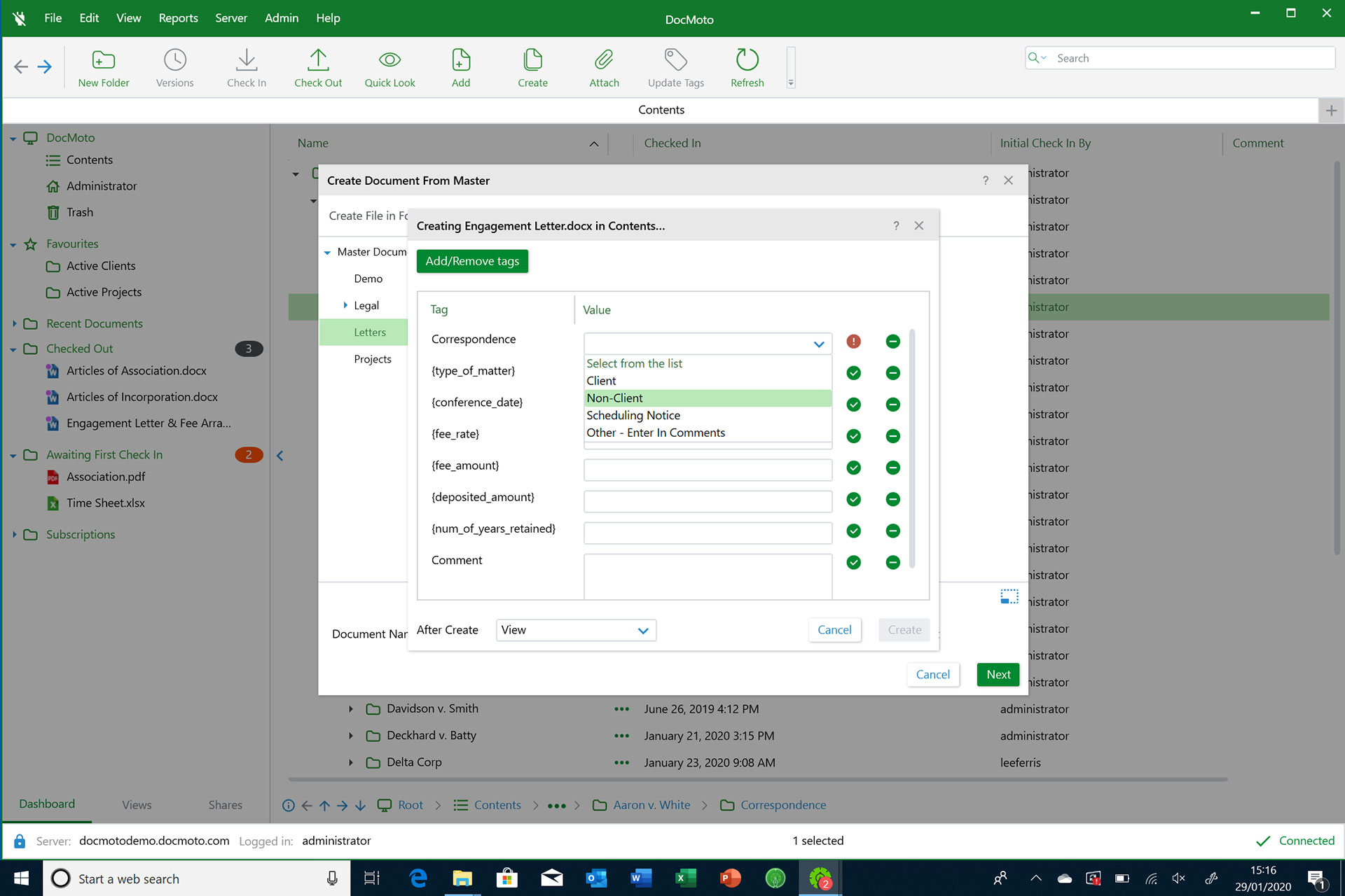 Команда создания документа из Master Document в DocMoto для Windows