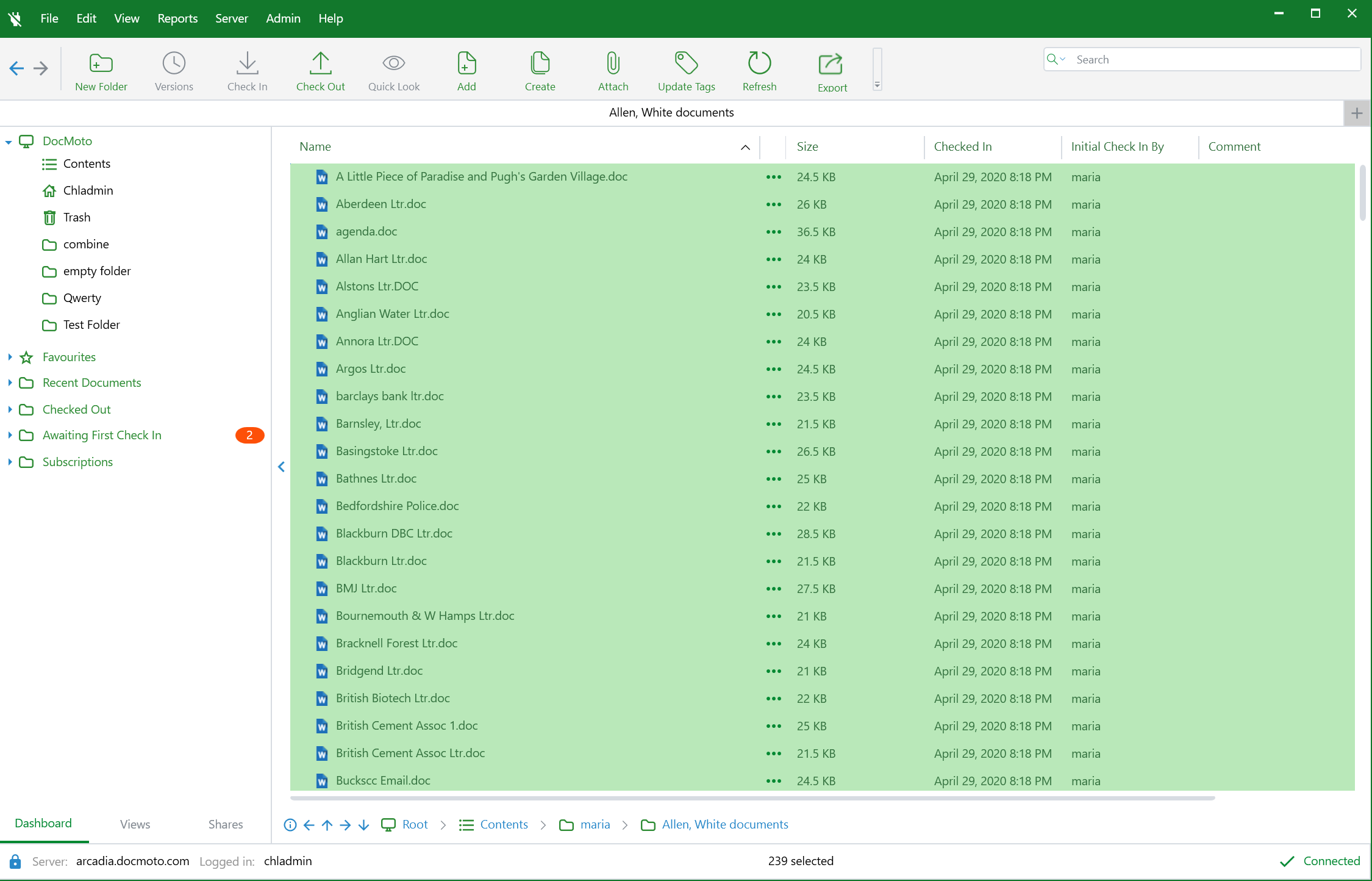 Список документов и папок в интерфейсе DocMoto для Windows