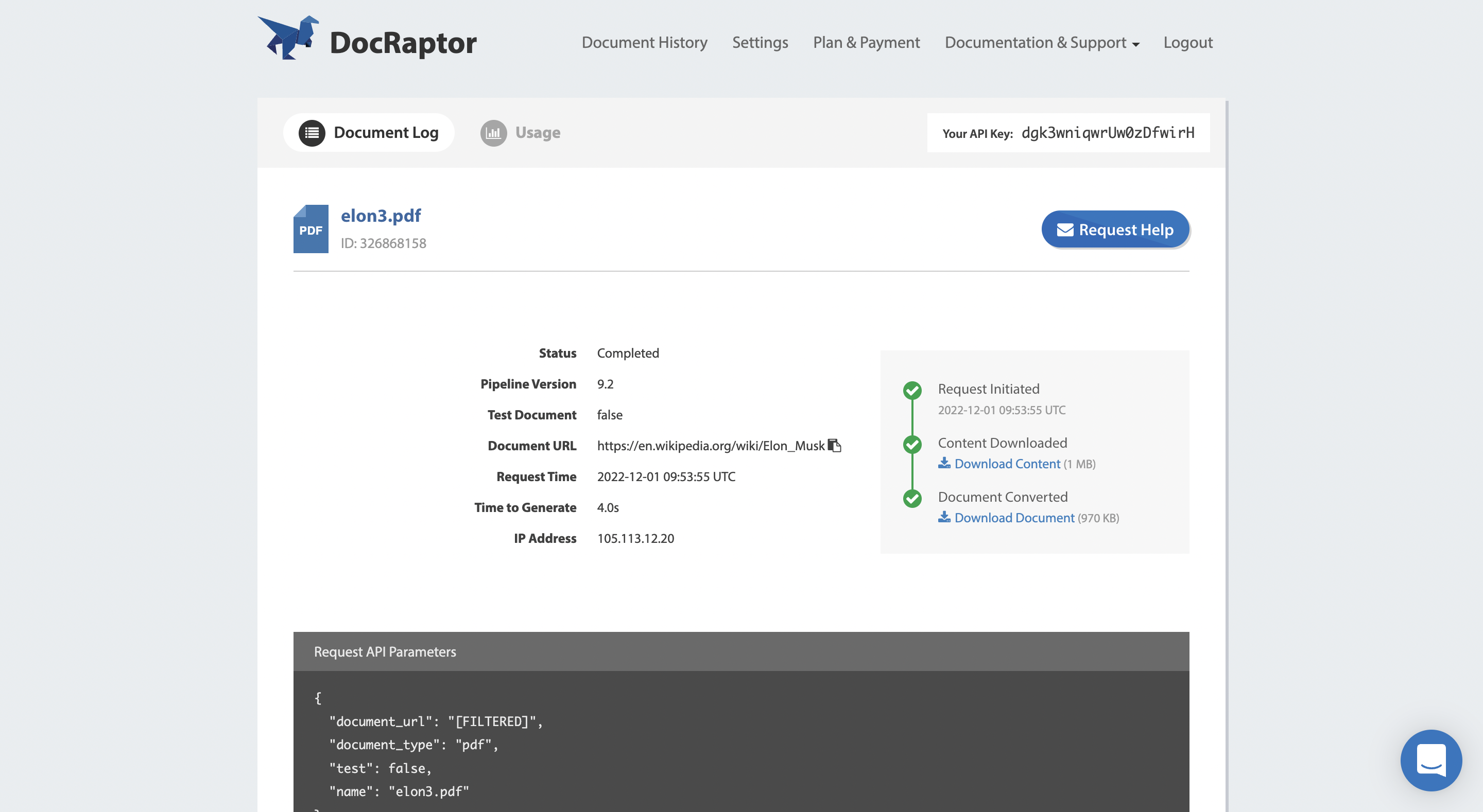 Экран подробностей задания DocRaptor с этапами обработки и параметрами API