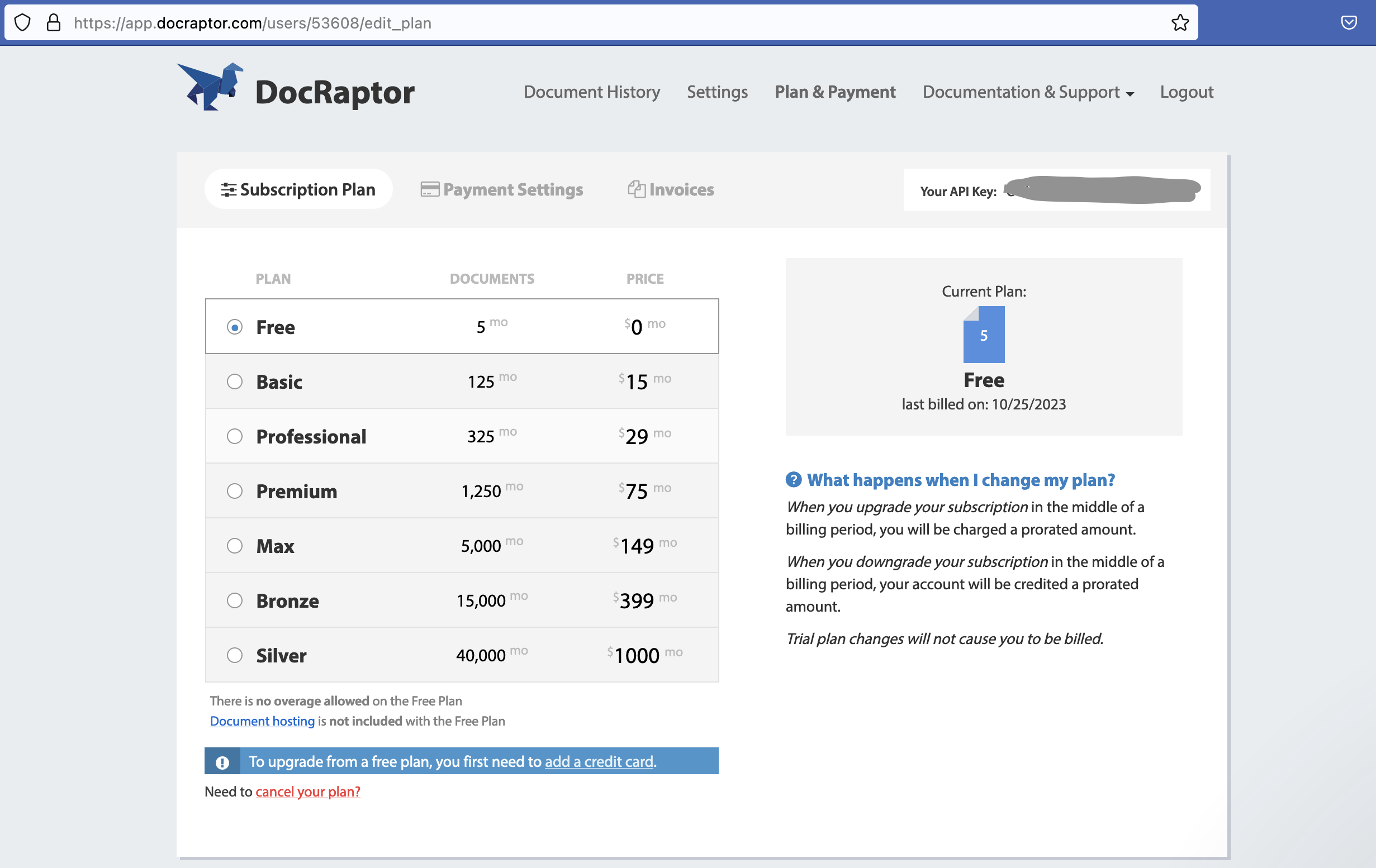 Экран выбора плана и платежных настроек DocRaptor