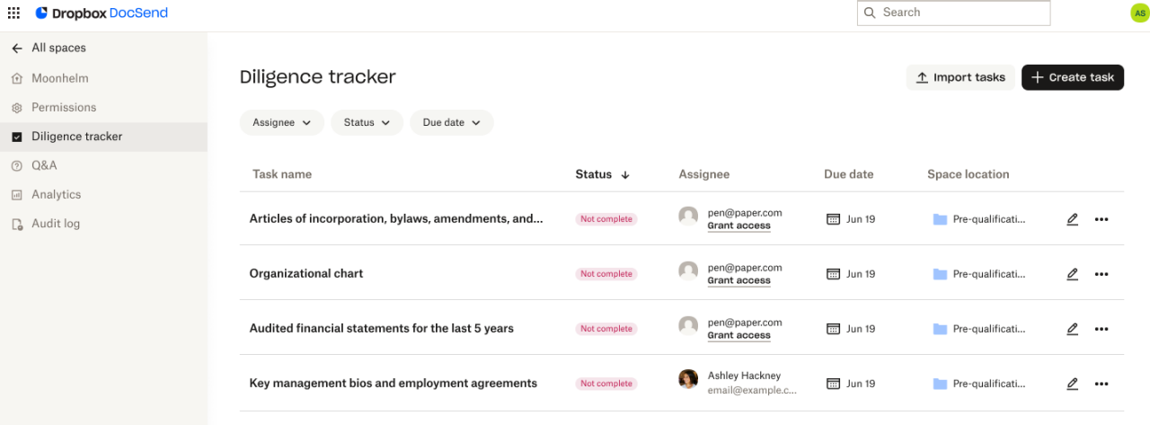 Список задач Diligence tracker в DocSend