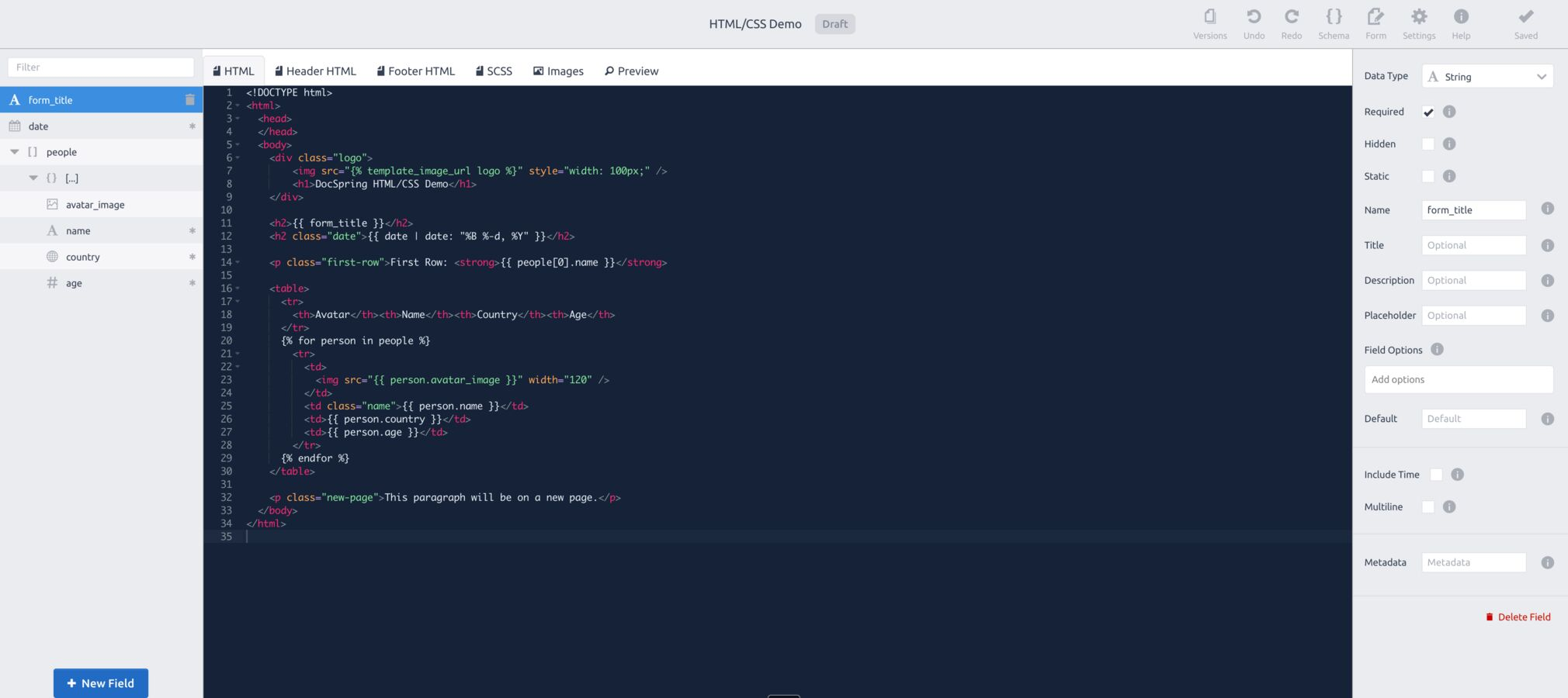 Редактор HTML, SCSS и Liquid в DocSpring
