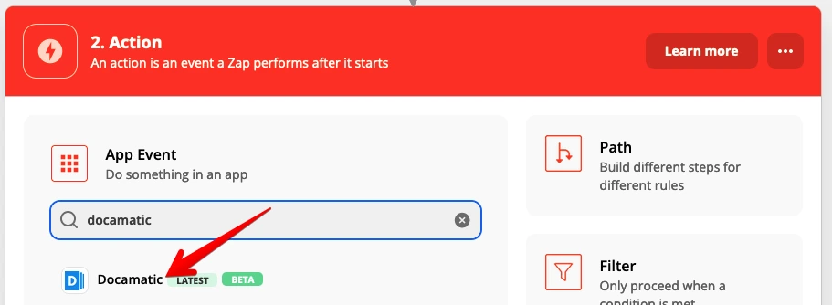 Выбор приложения Docamatic в редакторе действия Zapier