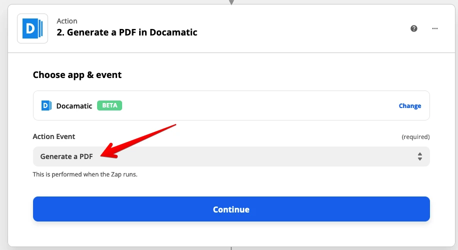 Выбор действия Generate a PDF in Docamatic в Zapier