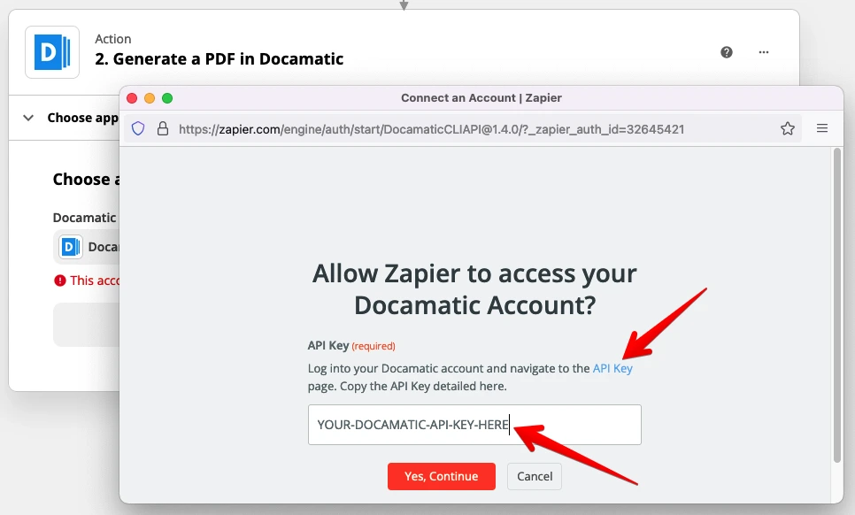 Окно подключения Docamatic к Zapier с полем API-ключа