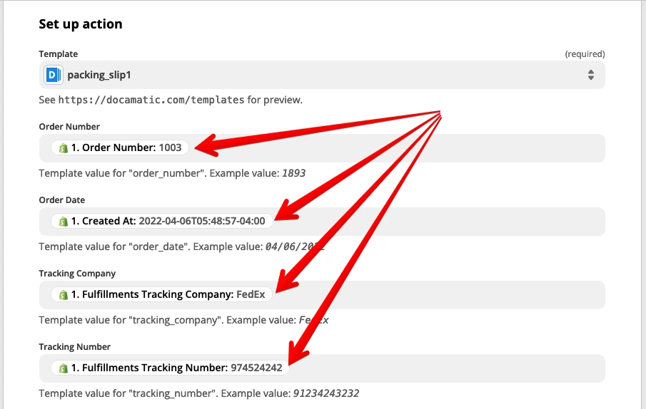Сопоставление полей шаблона packing slip с данными заказа в Zapier