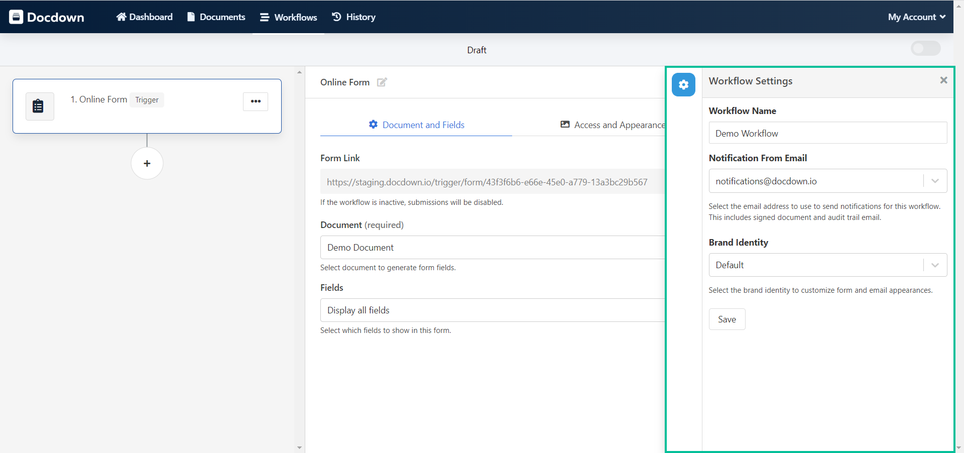 Панель Workflow Settings