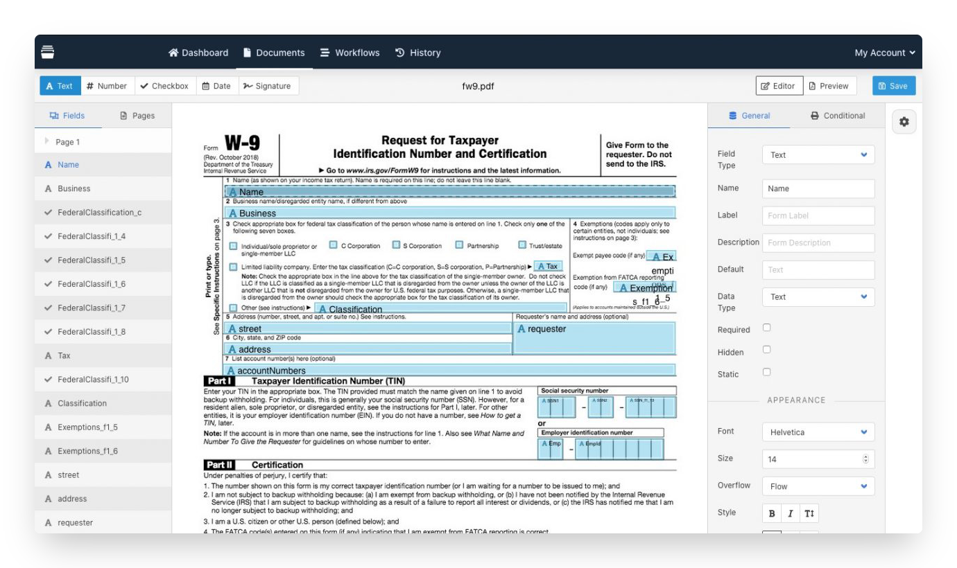 Редактор Docdown с PDF-формой и панелями полей