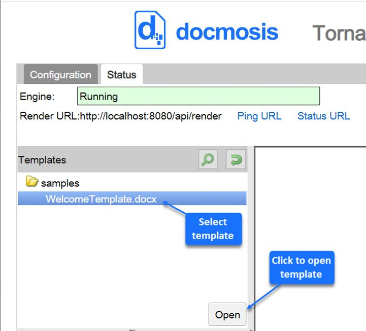Выбор и открытие шаблона на вкладке Status в Docmosis Tornado