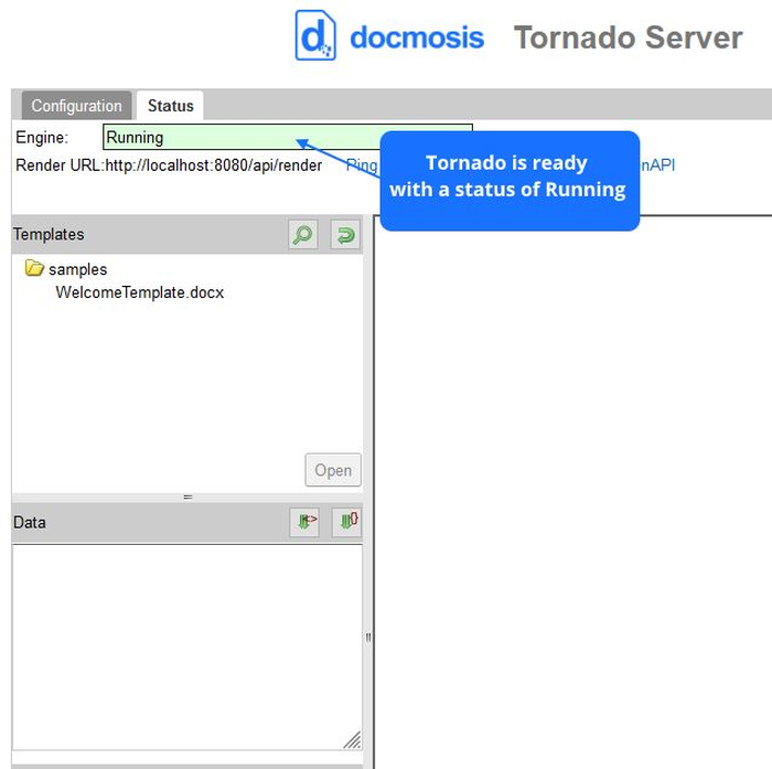 Статус запущенного движка Docmosis Tornado и список шаблонов