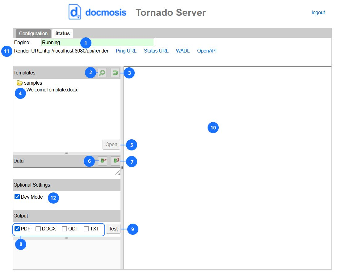Размеченные области вкладки Status в Docmosis Tornado