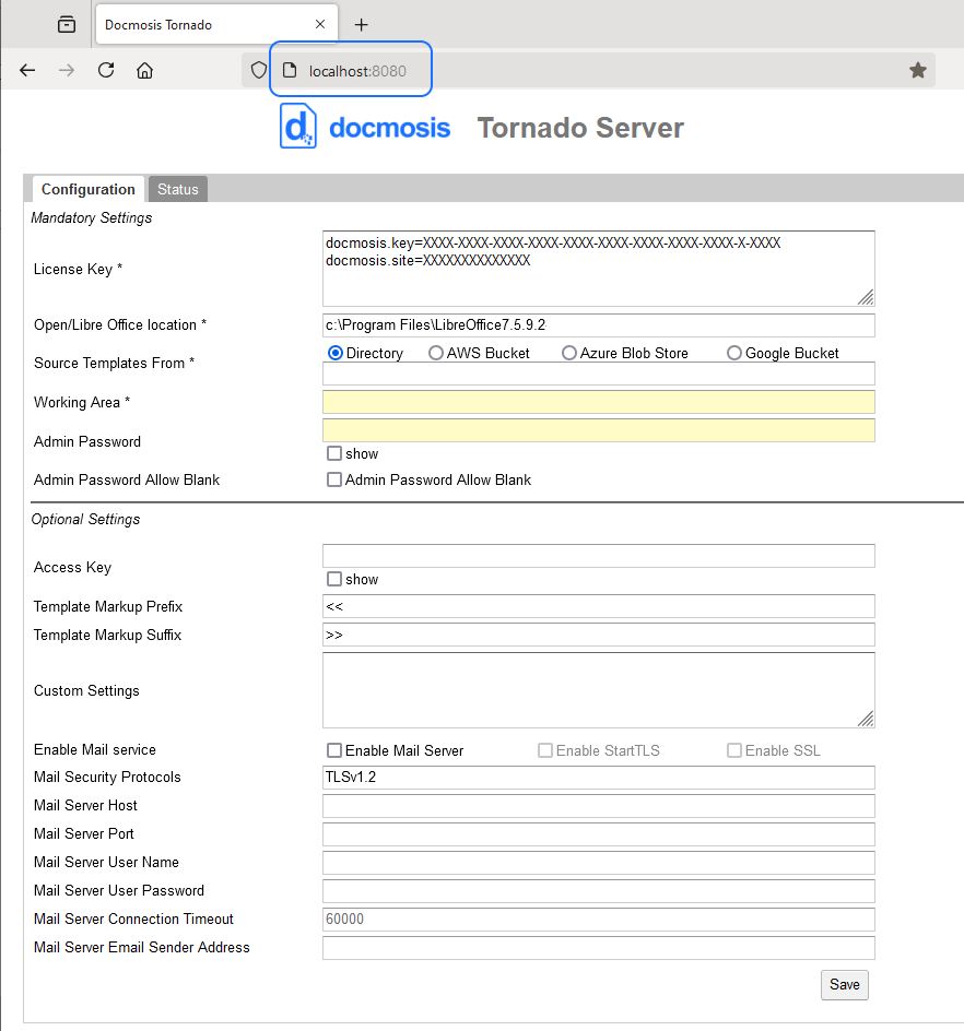 Основные поля конфигурации Docmosis Tornado