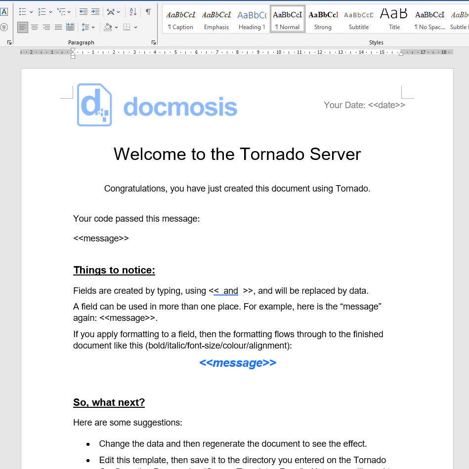 Офисный шаблон Docmosis Tornado с динамическими полями