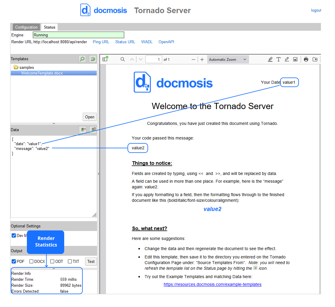 PDF-предпросмотр и статистика рендера в Docmosis Tornado