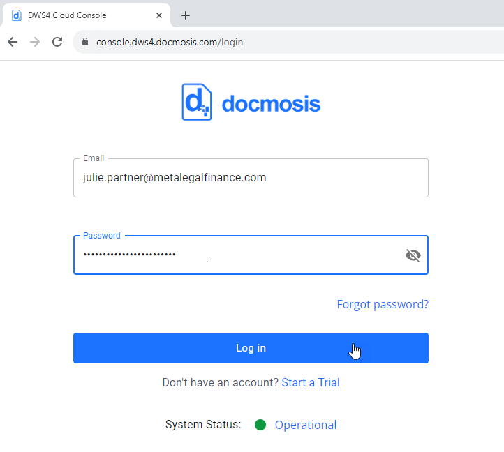 Форма входа в консоль Docmosis