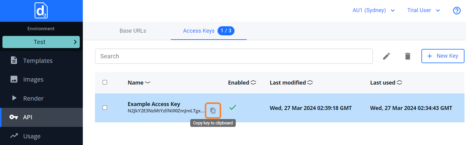 Раздел Access Keys в консоли Docmosis