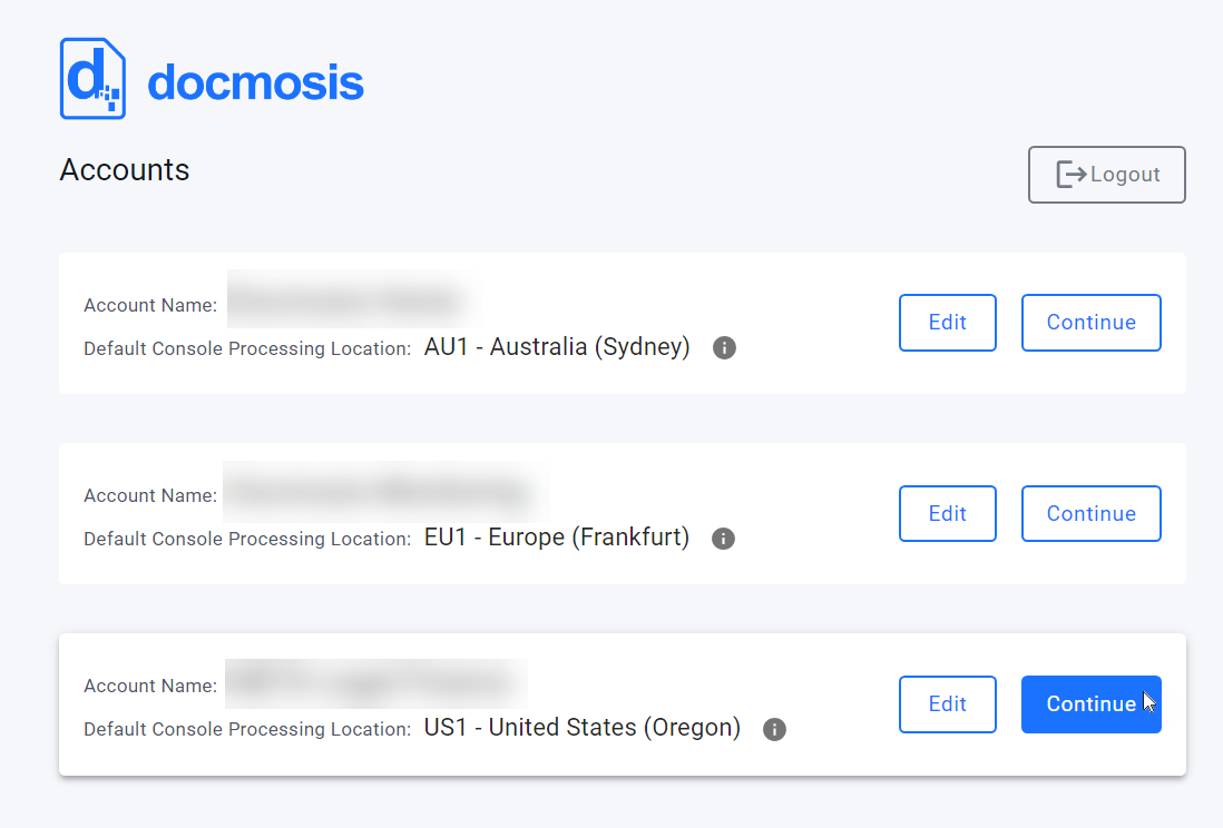Выбор учётной записи Docmosis