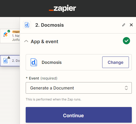 Выбор события Docmosis в Zapier