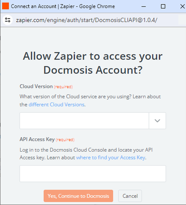 Подключение Docmosis к Zapier с помощью ключа доступа