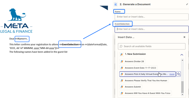 Сопоставление полей шаблона Docmosis с данными Zapier