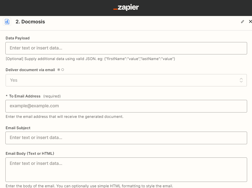 Параметры доставки документа Docmosis в Zapier