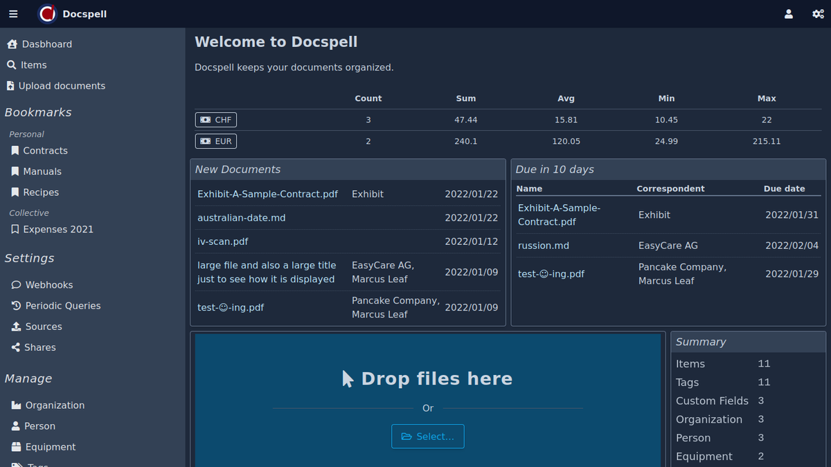 Панель Docspell со статистикой, новыми документами и формой загрузки
