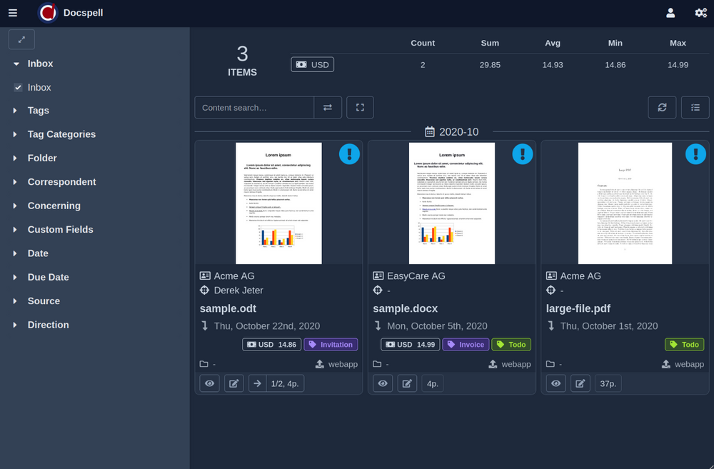 Новые документы в Inbox Docspell