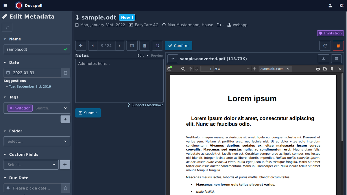 Проверка предложенных метаданных в карточке Docspell