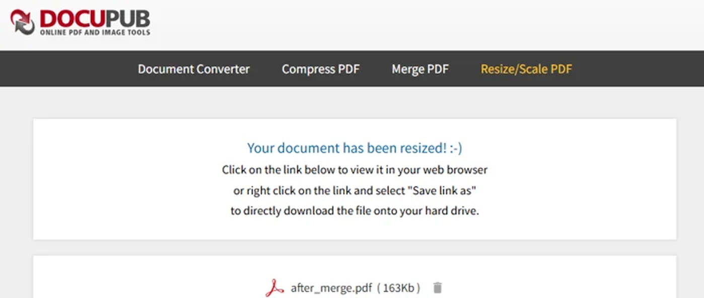 DocuPub: страница результата после успешного изменения размера PDF