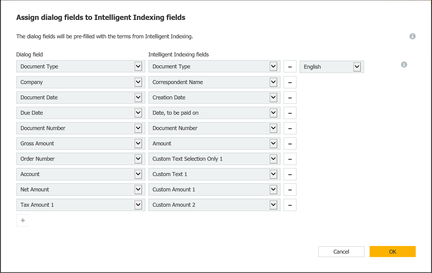 Сопоставление полей диалога с категориями Intelligent Indexing