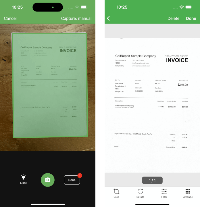 Камера и редактор страницы Docutain Scanner SDK на iOS