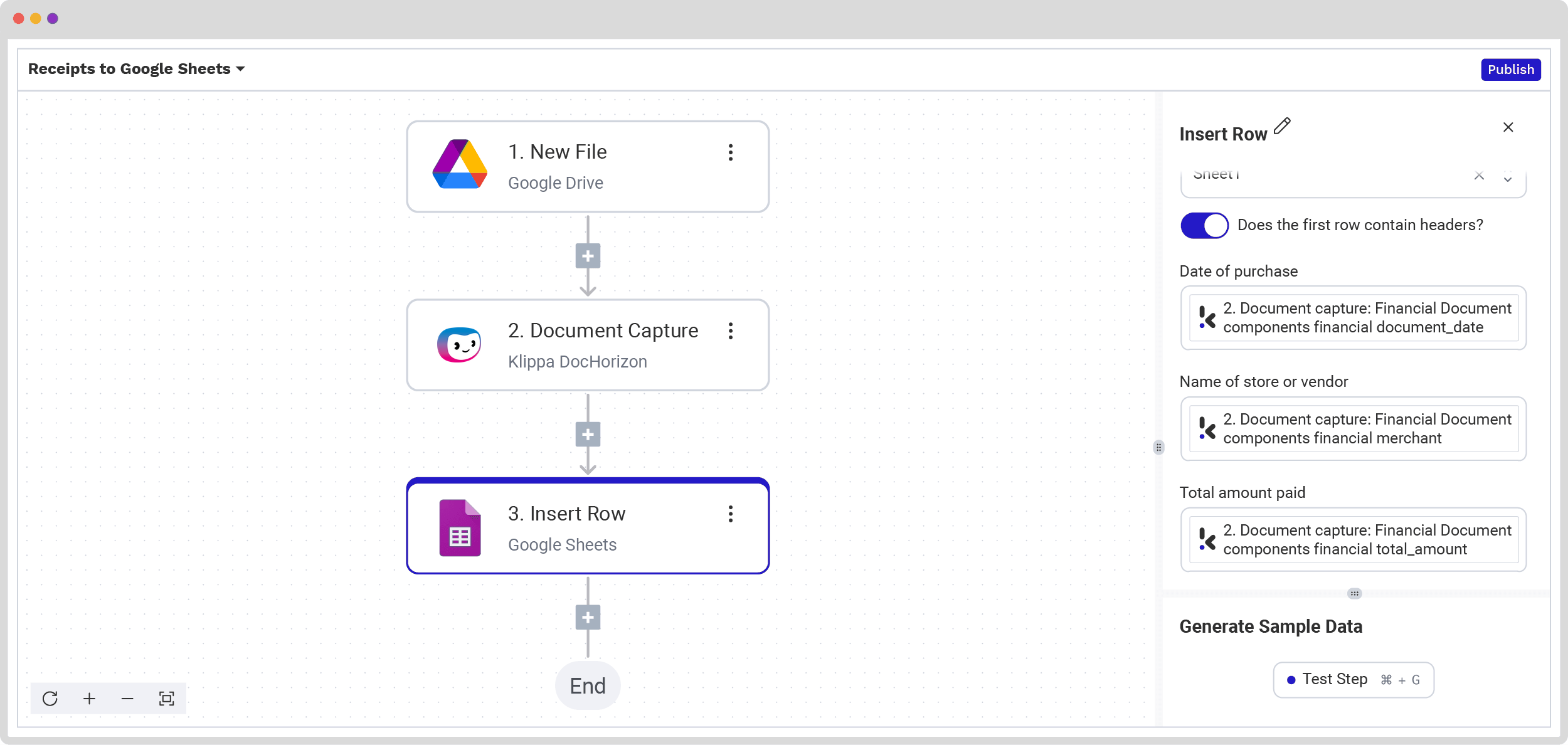 Сопоставление извлечённых полей с колонками Google Sheets