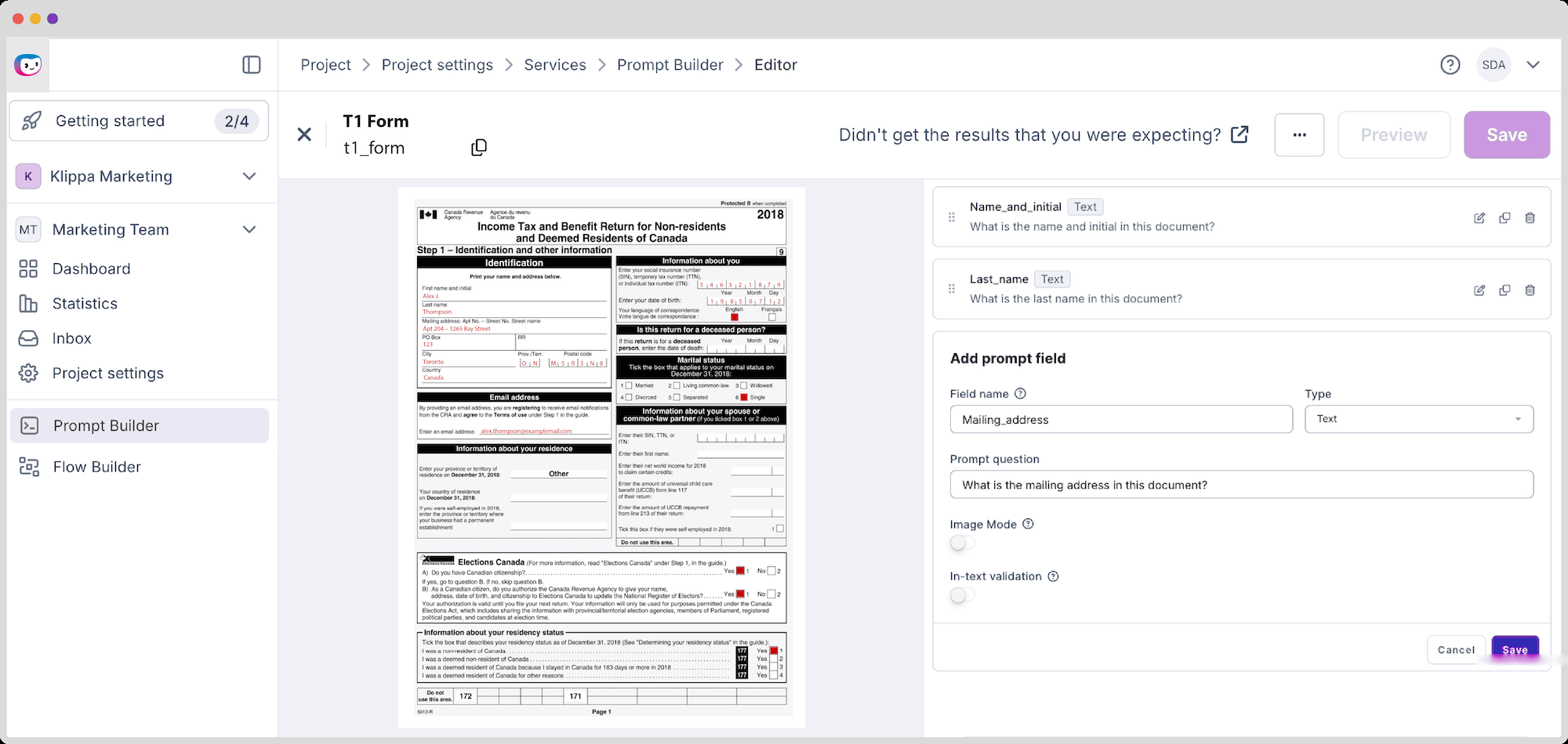 Редактор Prompt Builder с образцом формы и полями