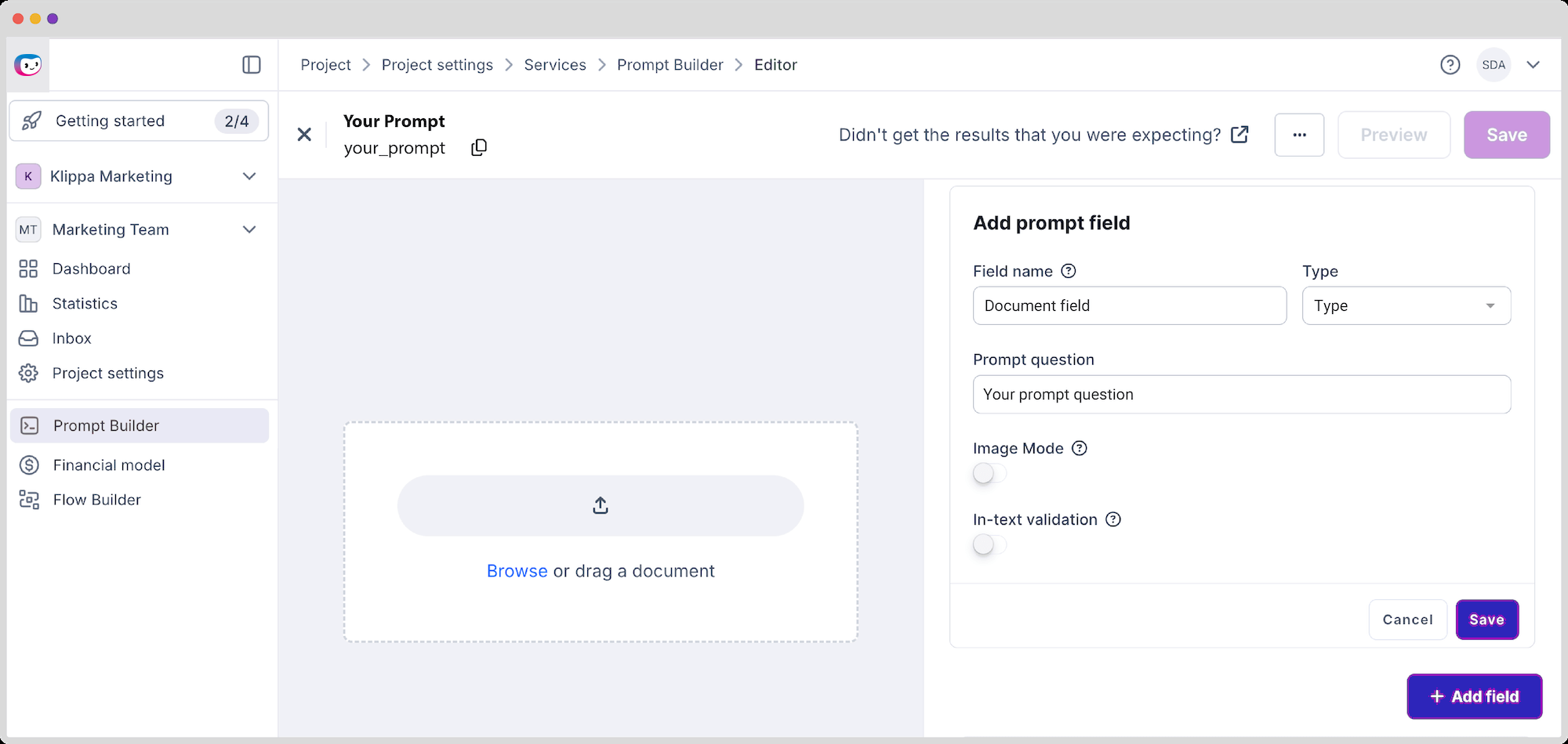 Пустой Prompt Builder с добавлением нового поля