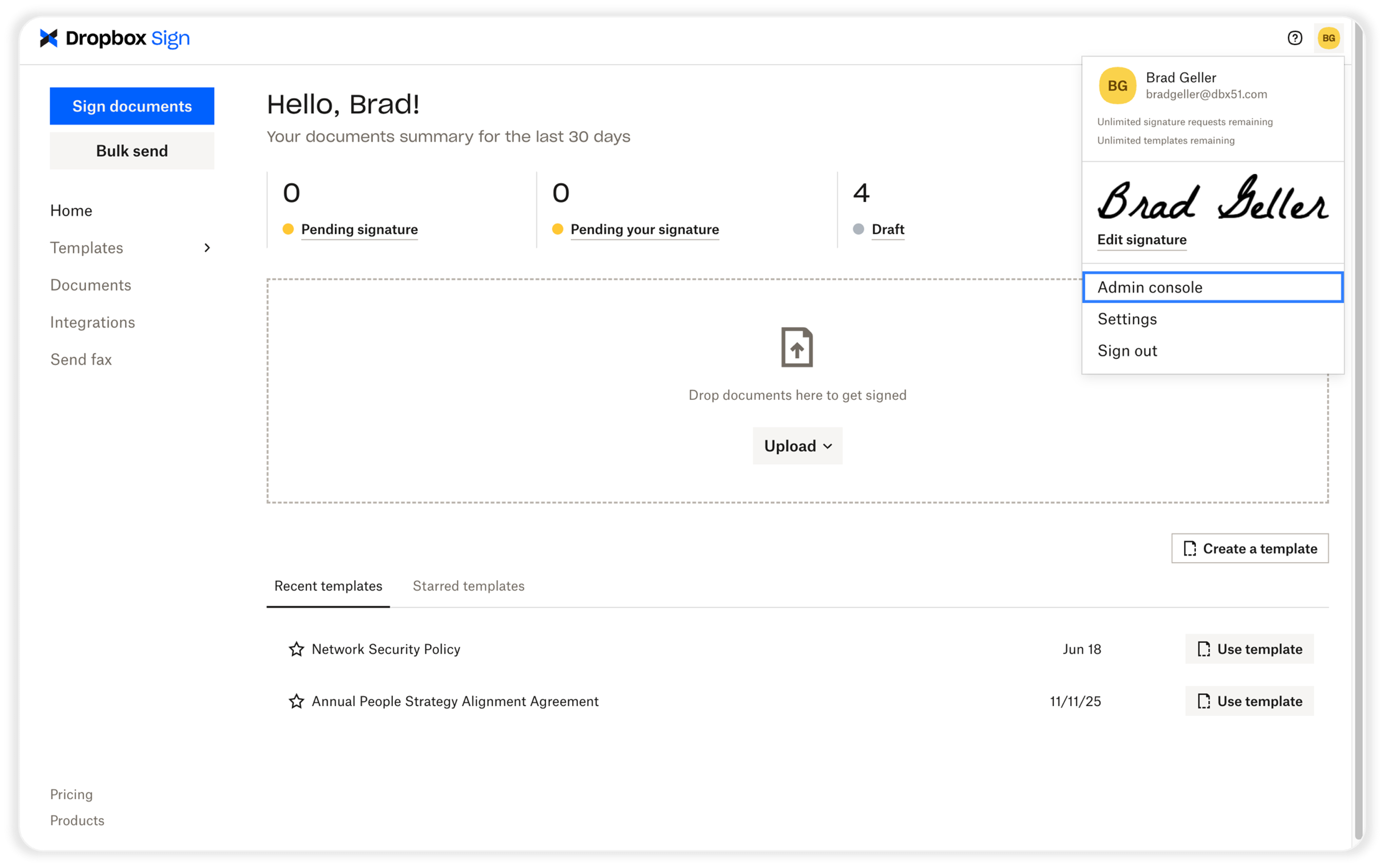 Переход в Admin Console Dropbox Sign из меню профиля