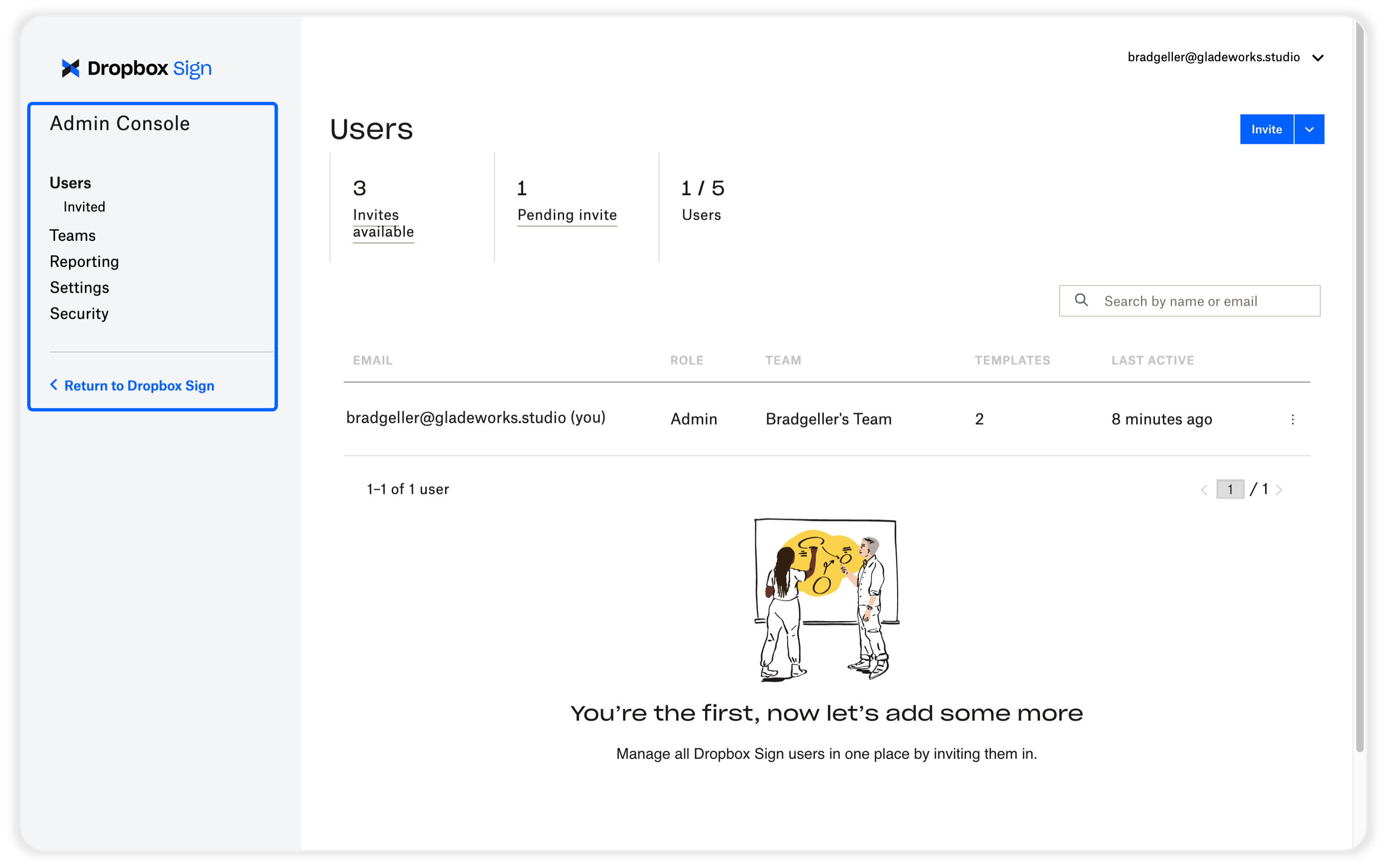 Список пользователей и ролей в Admin Console Dropbox Sign