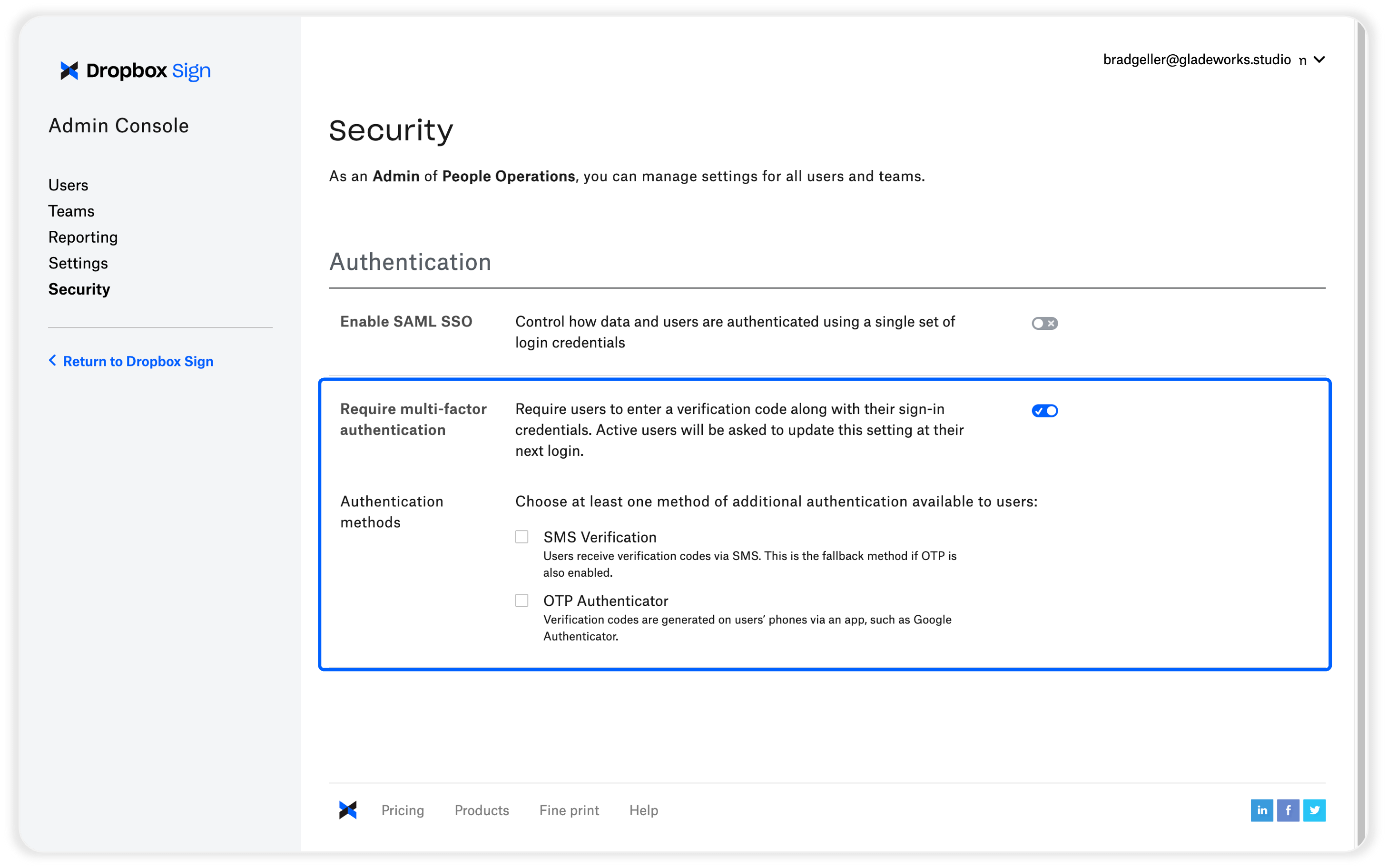 Настройки многофакторной аутентификации в Dropbox Sign