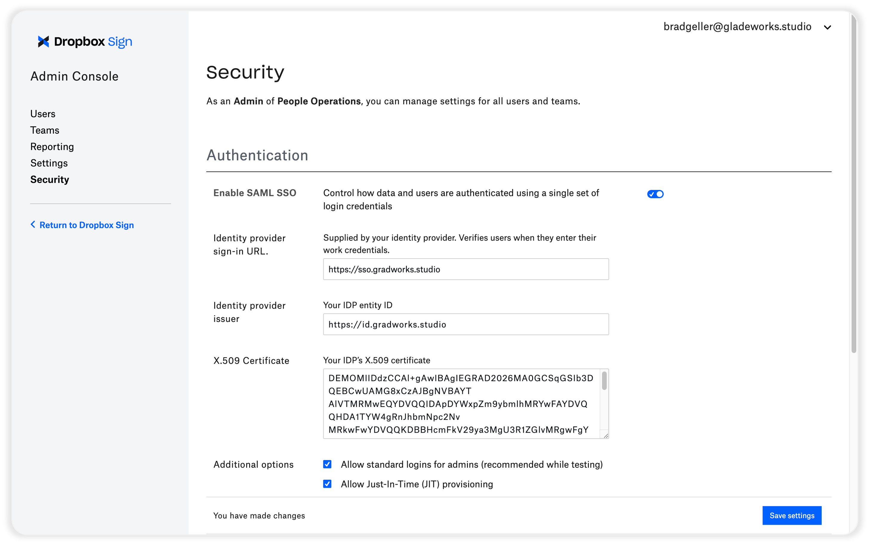 Настройка SAML SSO в административной консоли Dropbox Sign