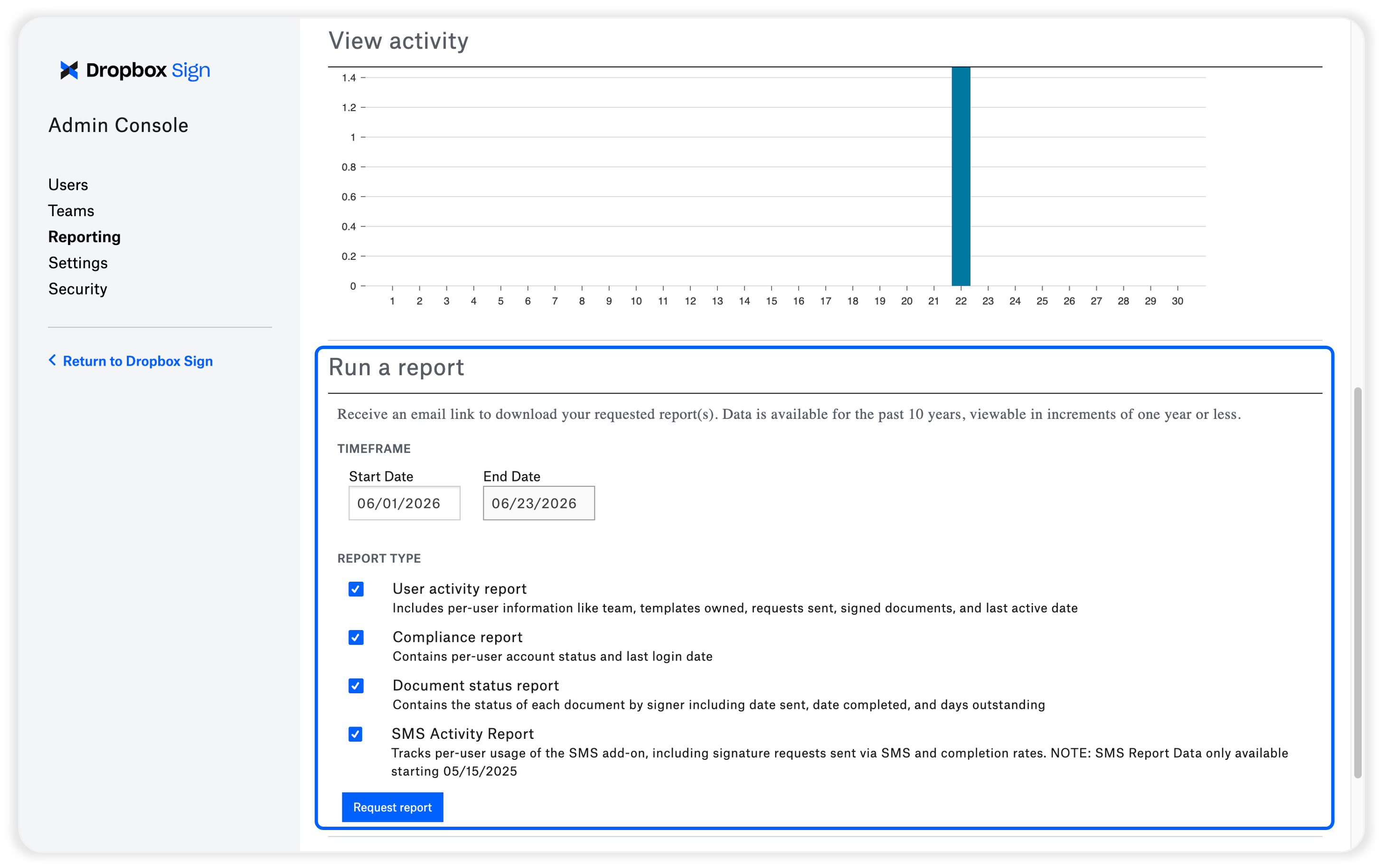 Форма запуска отчёта в Admin Console Dropbox Sign