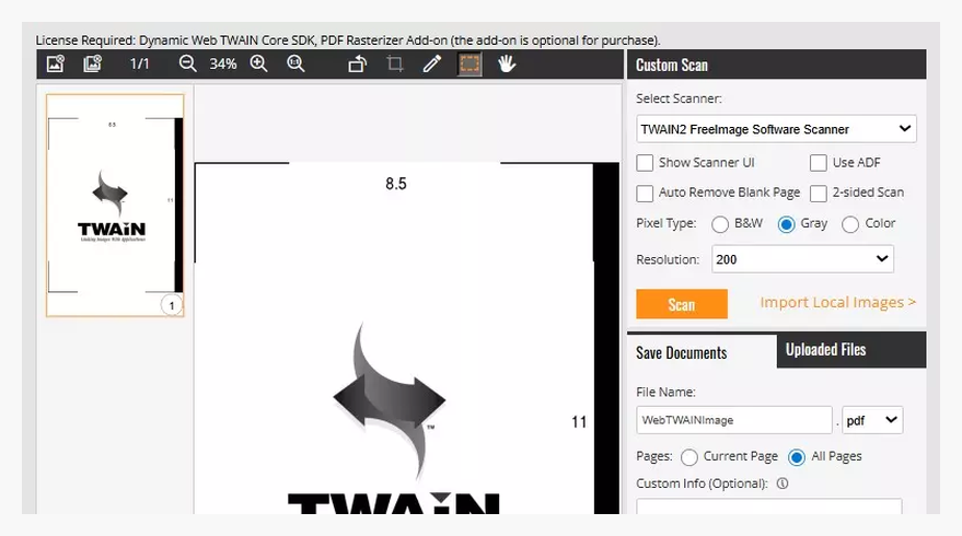 Экран сканирования Dynamic Web TWAIN с просмотром страницы и параметрами