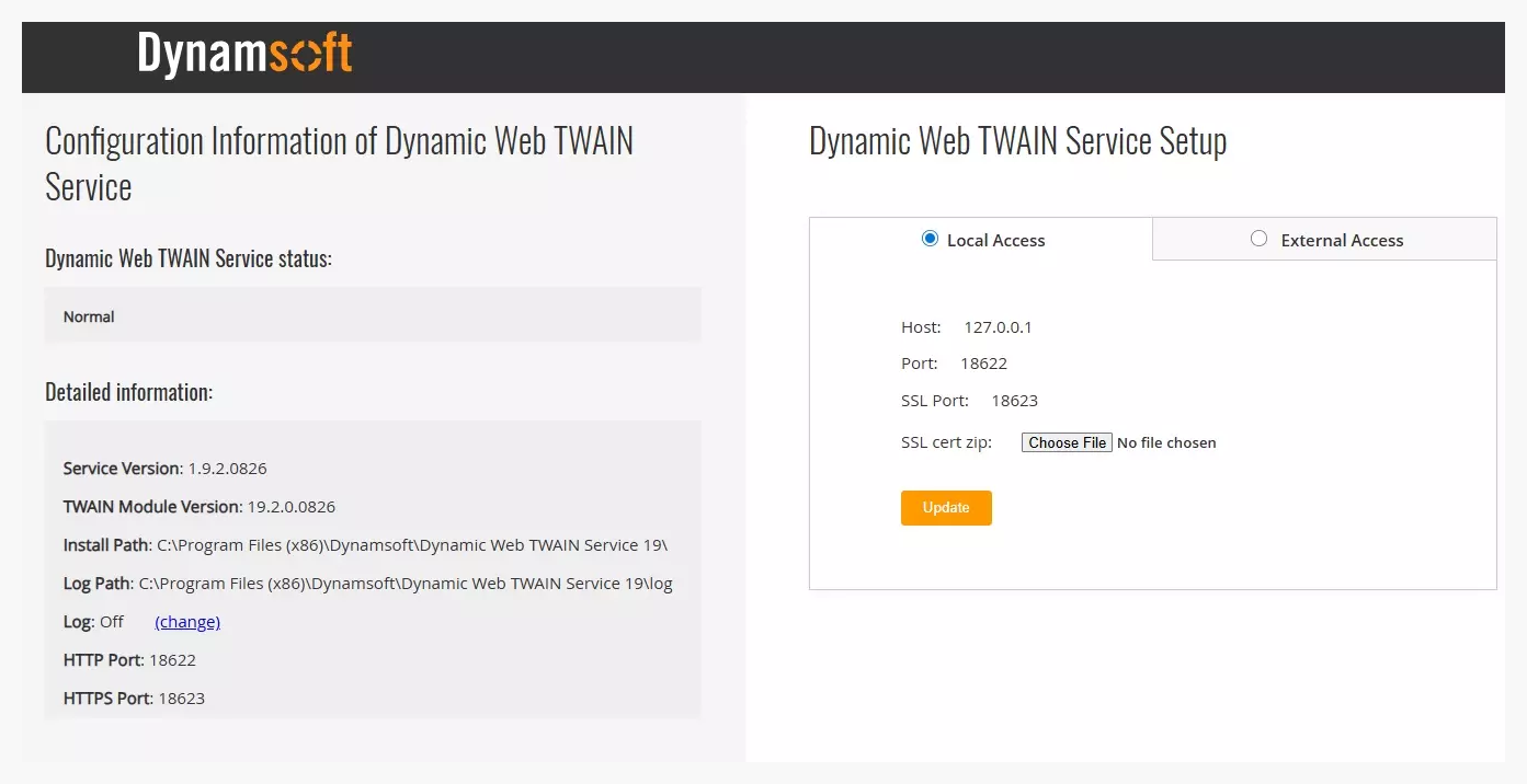 Информационная страница Dynamic Web TWAIN Service