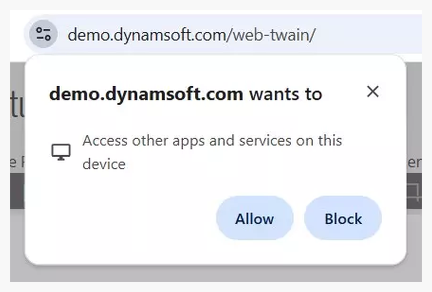Диалог Chrome с запросом доступа к локальным приложениям