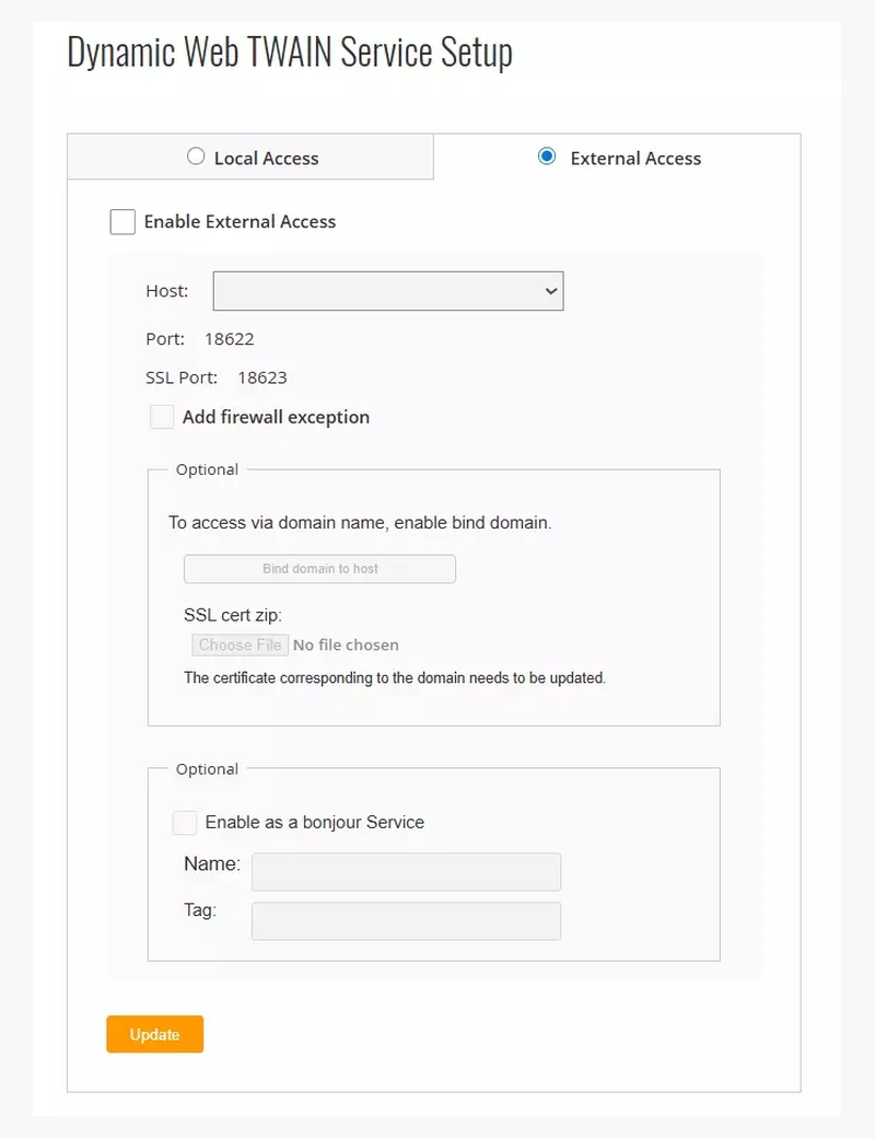 Панель настройки удалённого доступа Dynamic Web TWAIN Service