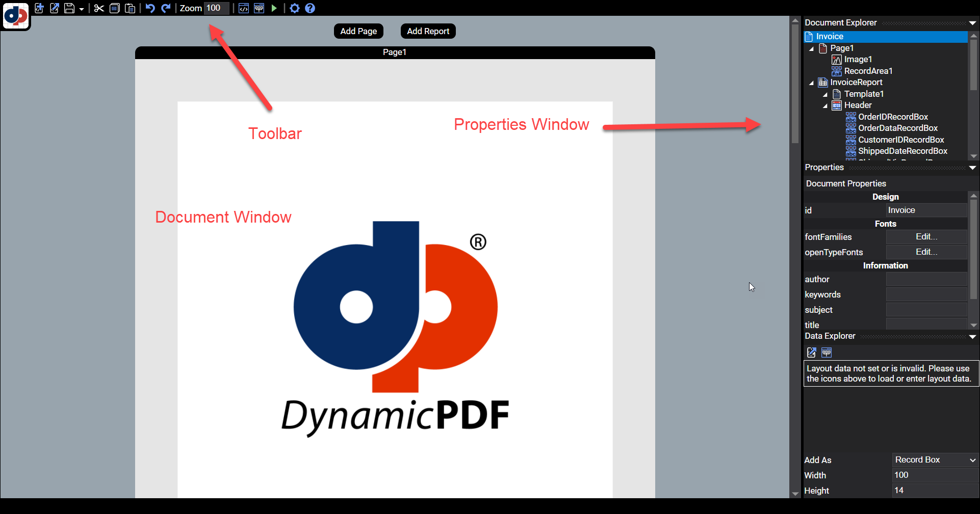 DynamicPDF Designer: рабочая область, дерево документа и свойства