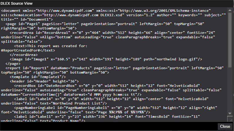 Просмотр XML-структуры DLEX в DynamicPDF Designer