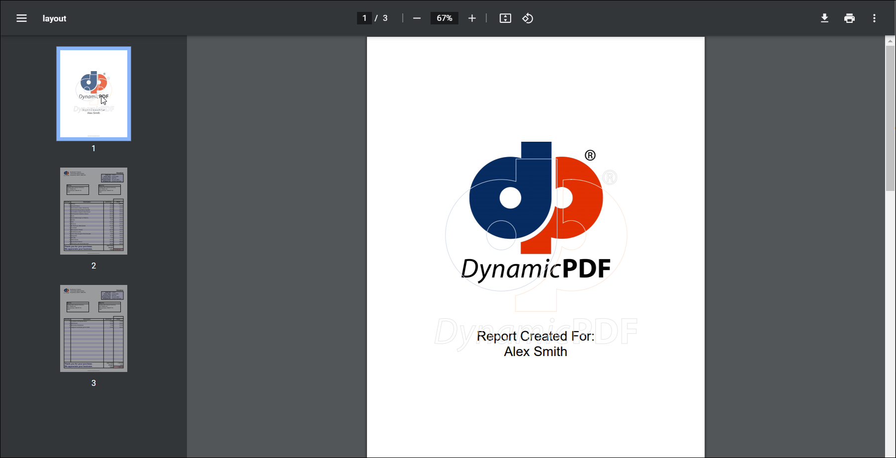 DynamicPDF Designer: результат запуска отчёта